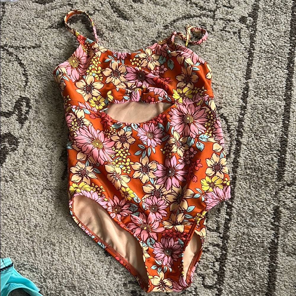 Cat & Jack Orange and Pink One Piece Swimsuit Vibrant Floral Design